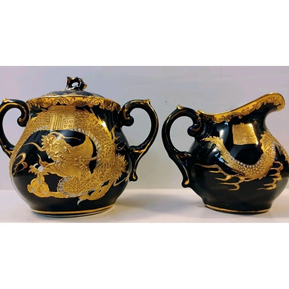 Vtg Chinese Fuzhou Lacquer Dragon Creamer & Sugar Bowl Set Black Gold Collect